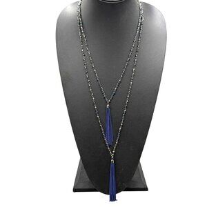 Steve Madden Gray Blue Beaded Tassels Chain Y Drop Long Layered Neckline